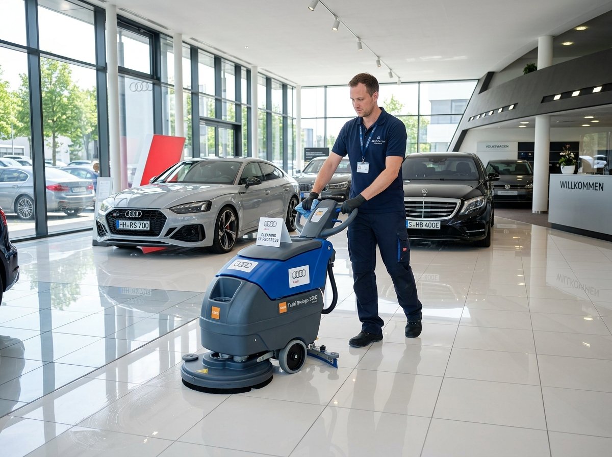 Mitarbeiter bei der maschinellen Bodenreinigung im Ausstellungsraum eines Autohauses