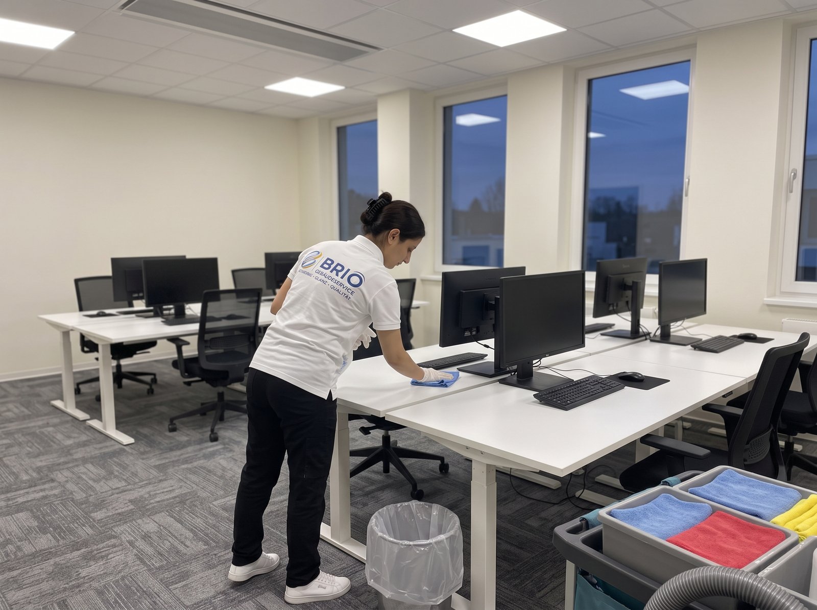 Reinigung einer Glasfläche in einem Büro