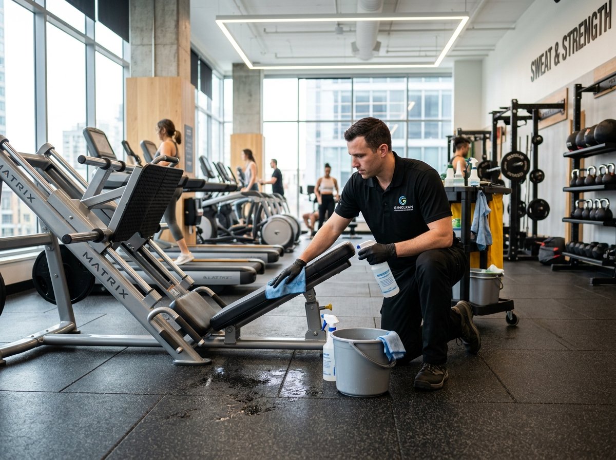 Reinigungskraft desinfiziert Trainingsgeräte und wischt den Gummiboden in einem Fitnessstudio