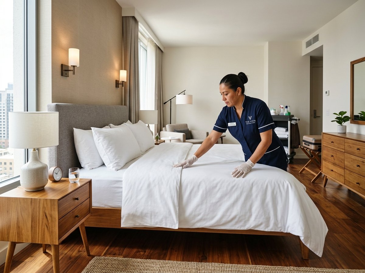 Housekeeping-Mitarbeiterin bezieht ein Hotelbett und reinigt das Zimmer sorgfältig