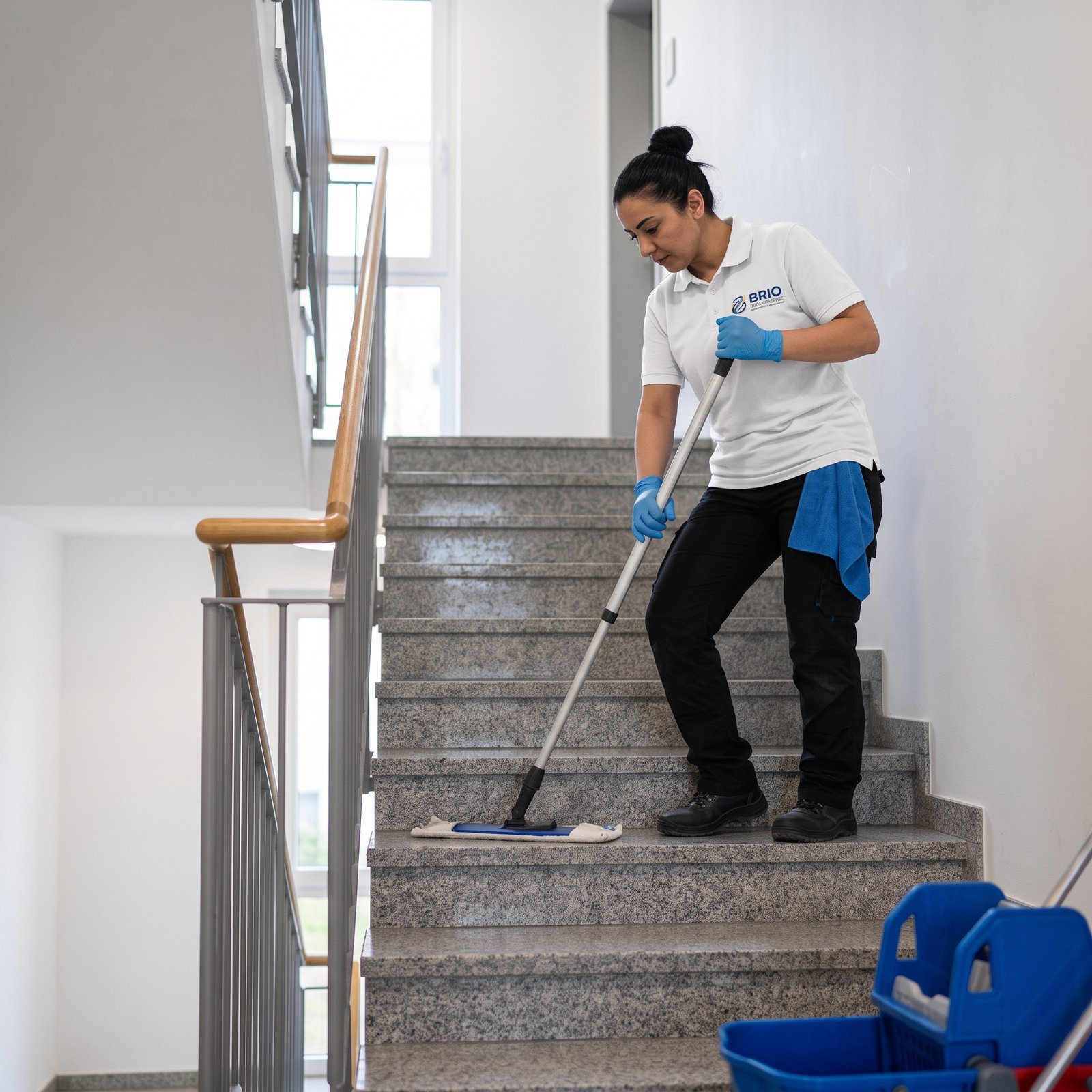 Mitarbeiterin von BRIO Gebäudereinigung wischt die Stufen im Treppenhaus eines MehrfamilienhausesMitarbeiterin von BRIO Gebäudereinigung wischt die Stufen im Treppenhaus eines Mehrfamilienhauses